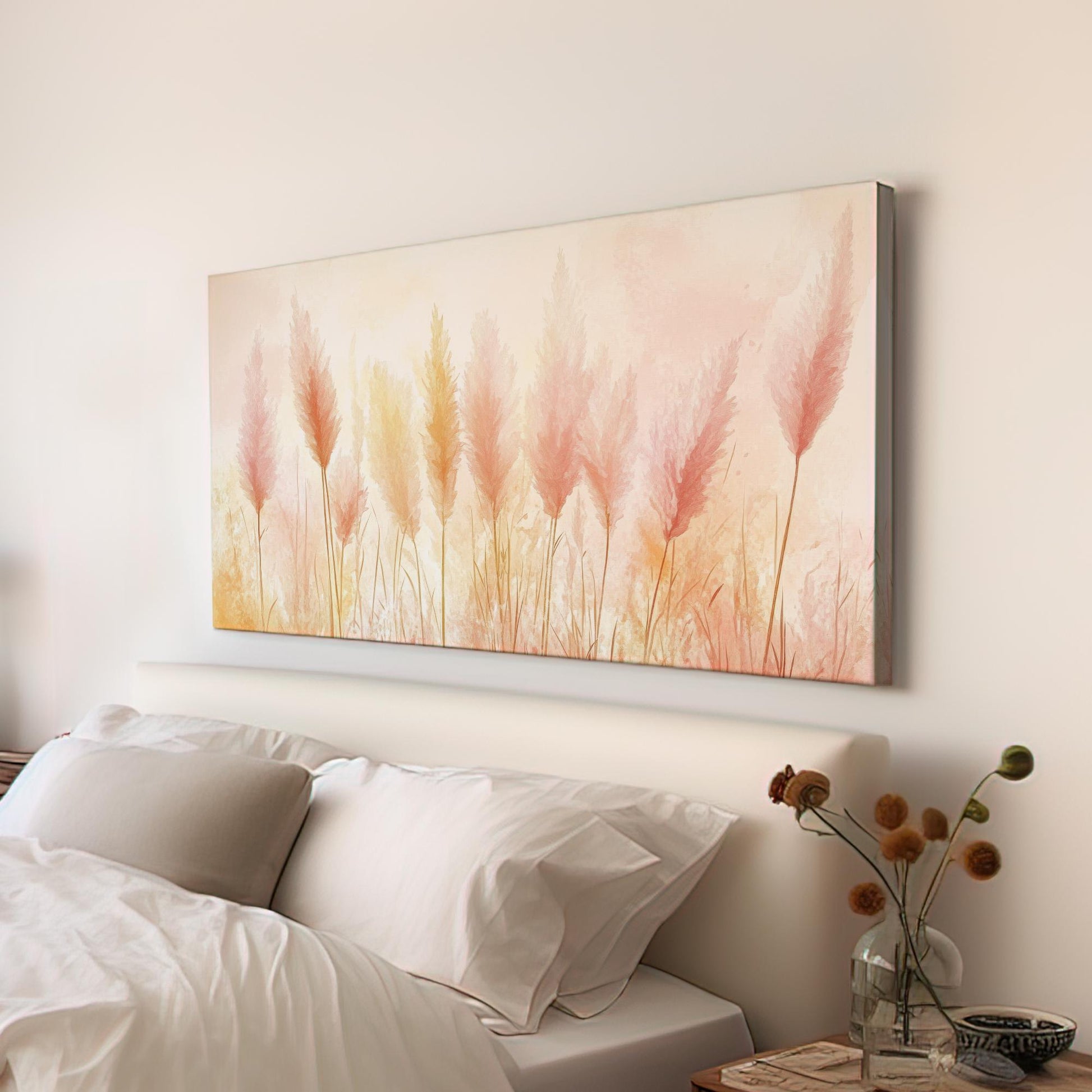 Pampas Grass Canvas Art | Watercolor Impressionist Print | Bohemian Wall Art For Living Room | Blush Pink Champagne Art Horizontal Art