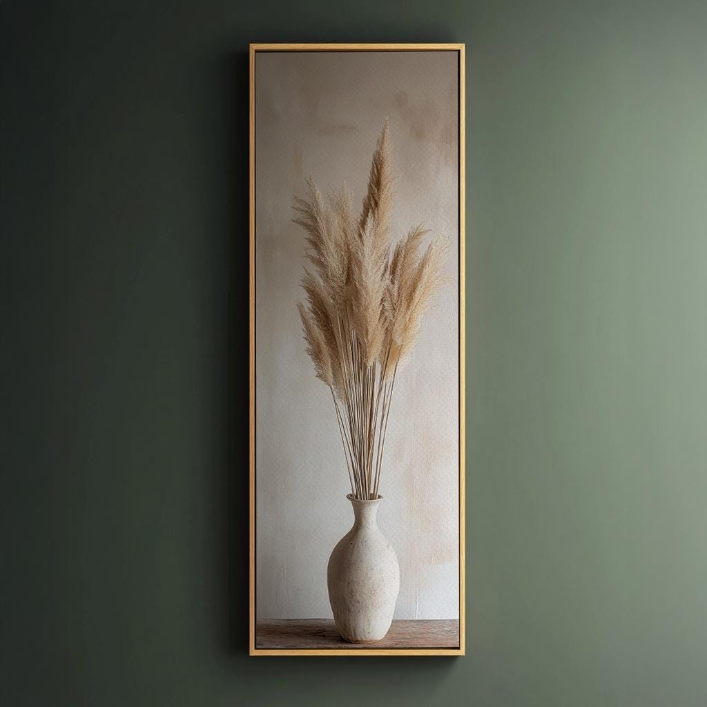 Pampas Grass Canvas Art | Minimalist Botanical Line Print | Japandi Wall Art For Living Room | Seashell Beige Art Long Vertical Art