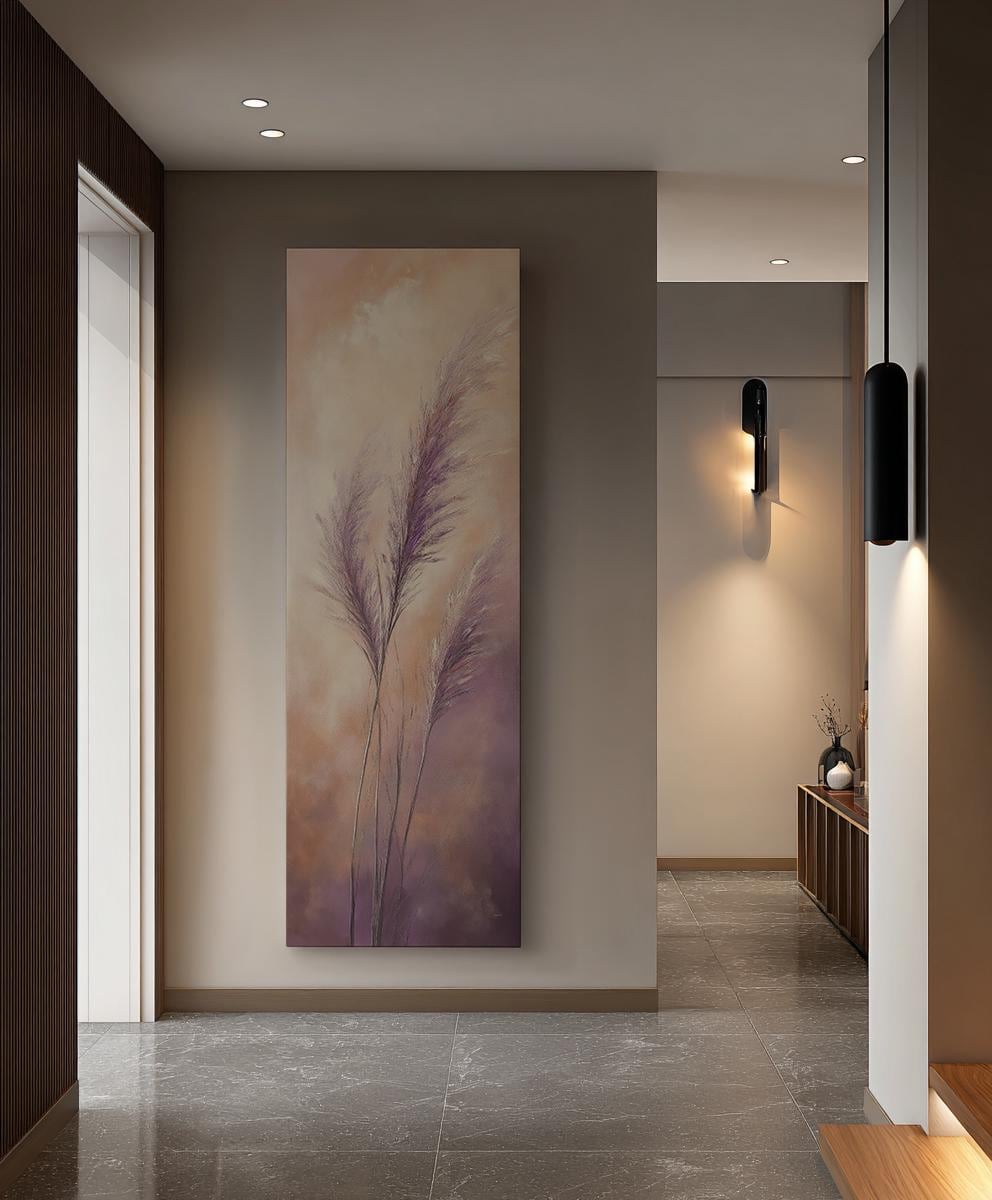 Pampas Grass Canvas Art | Impasto Textured Print | Bohemian Wall Art For Living Room | Mauve and Blush Art Long Vertical Art
