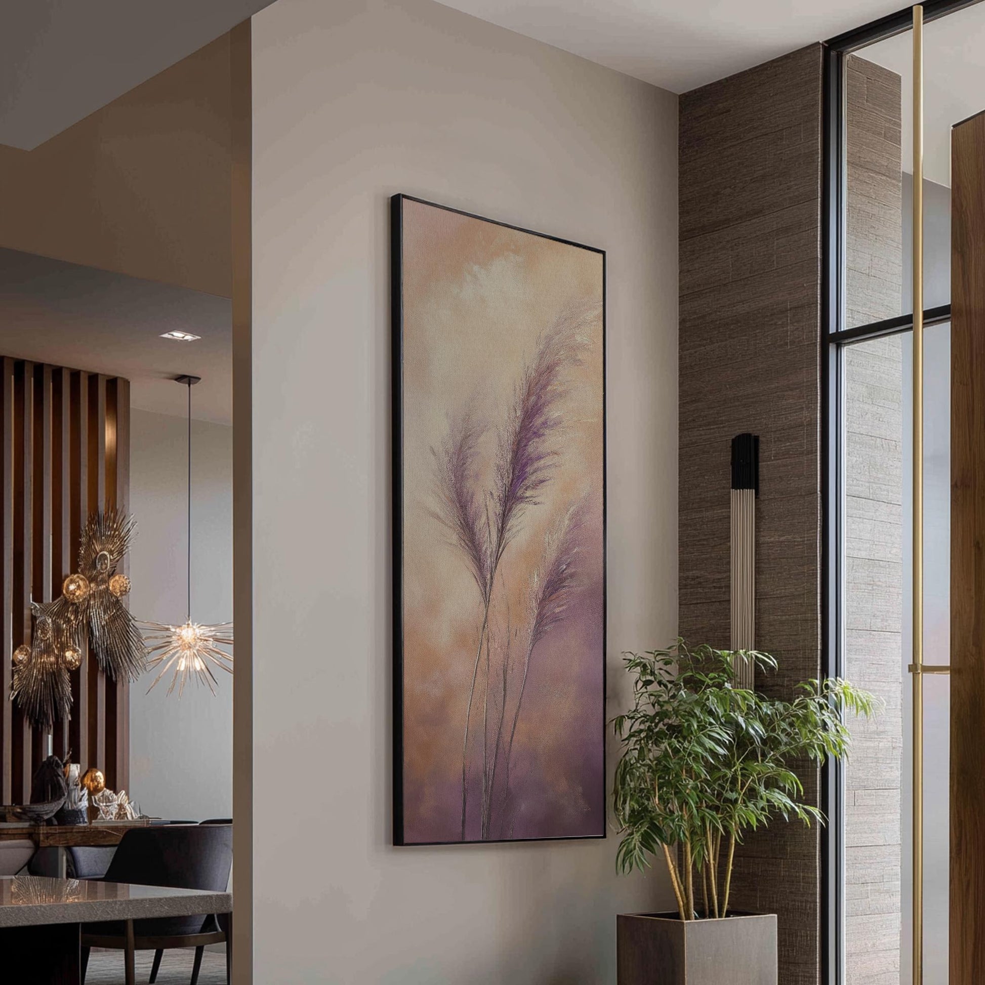 Pampas Grass Canvas Art | Impasto Textured Print | Bohemian Wall Art For Living Room | Mauve and Blush Art Long Vertical Art