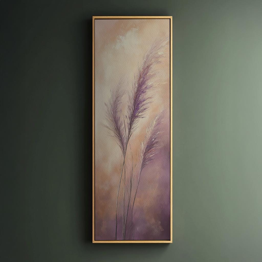 Pampas Grass Canvas Art | Impasto Textured Print | Bohemian Wall Art For Living Room | Mauve and Blush Art Long Vertical Art