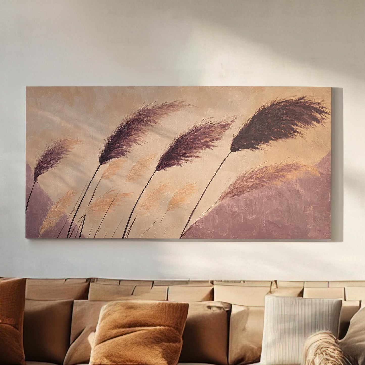 Pampas Grass Canvas Art | Impasto Print | Bohemian Wall Art For Living Room | Mauve and Blush Art | Modern Minimalist Decor Horizontal Art