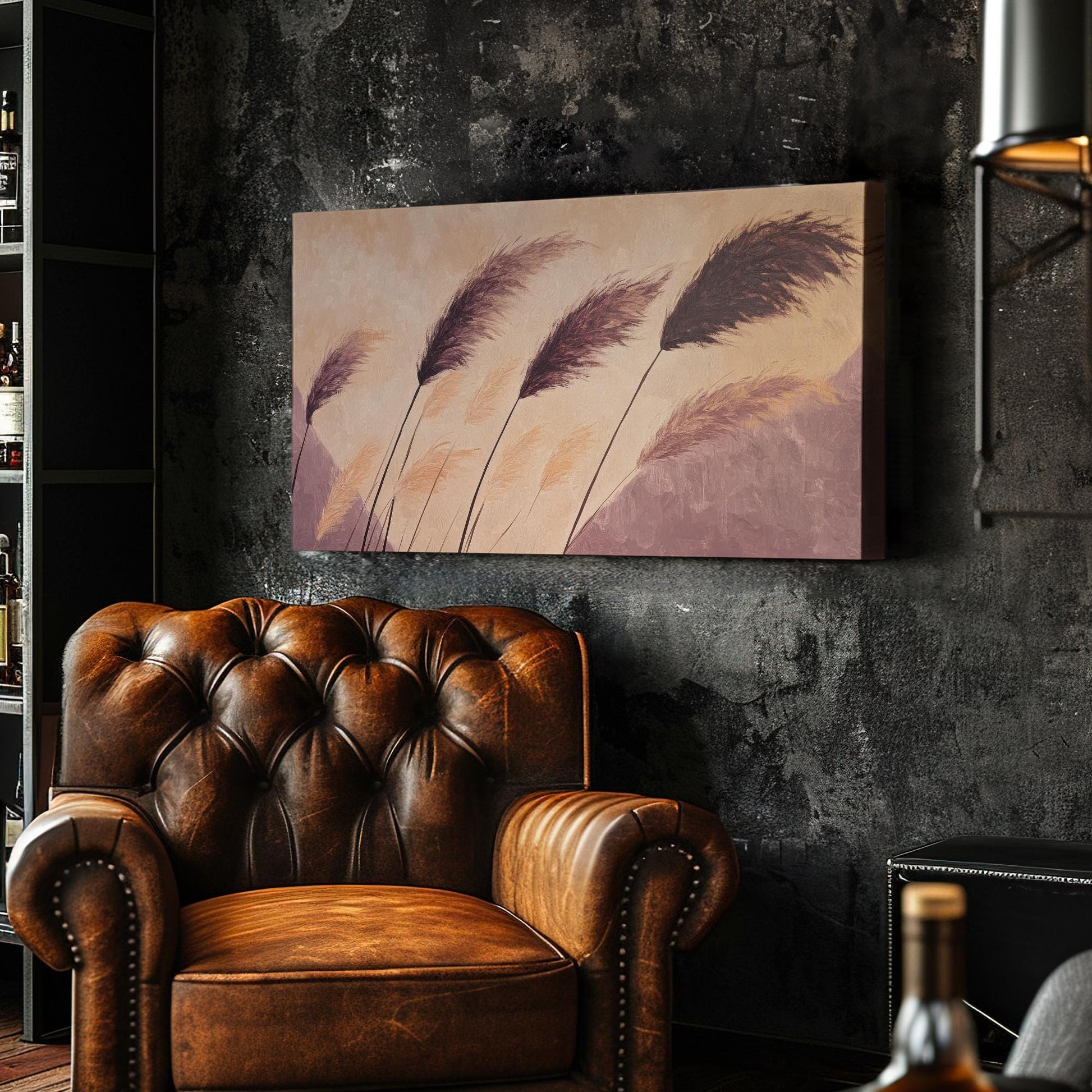 Pampas Grass Canvas Art | Impasto Print | Bohemian Wall Art For Living Room | Mauve and Blush Art | Modern Minimalist Decor Horizontal Art