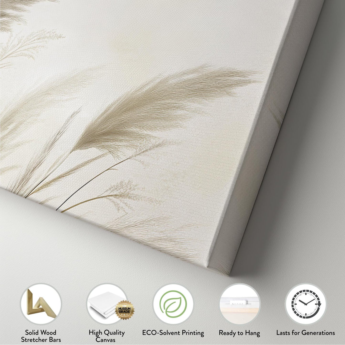 Pampas Grass Canvas Art | Botanical Line Art Print | Japandi Wall Art For Living Room | Creamy Beige Art Panoramic Wall Art