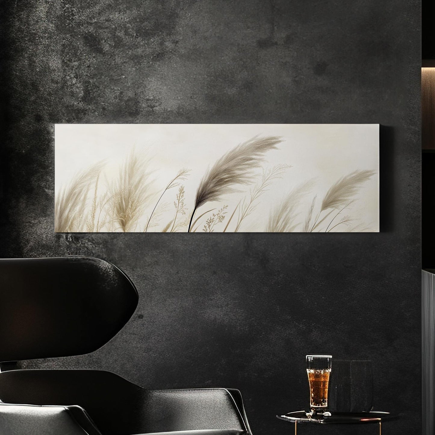 Pampas Grass Canvas Art | Botanical Line Art Print | Japandi Wall Art For Living Room | Creamy Beige Art Panoramic Wall Art