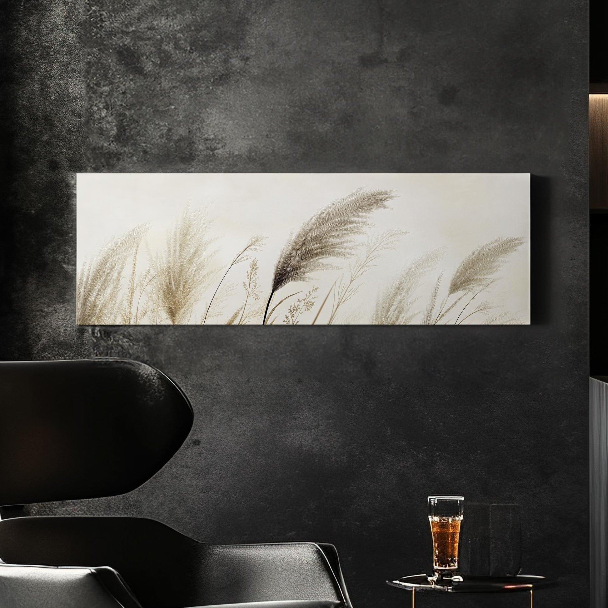 Pampas Grass Canvas Art | Botanical Line Art Print | Japandi Wall Art For Living Room | Creamy Beige Art Panoramic Wall Art