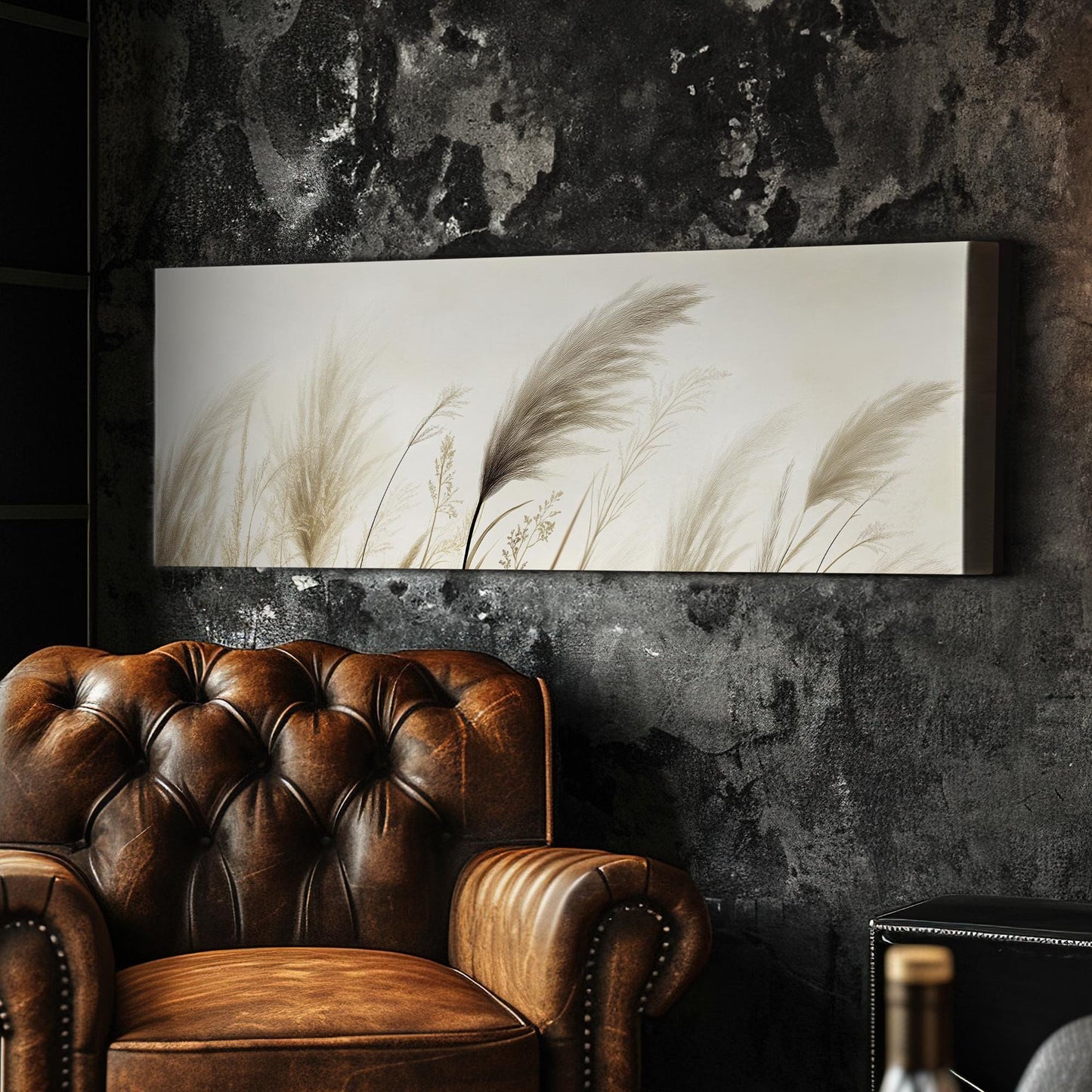 Pampas Grass Canvas Art | Botanical Line Art Print | Japandi Wall Art For Living Room | Creamy Beige Art Panoramic Wall Art