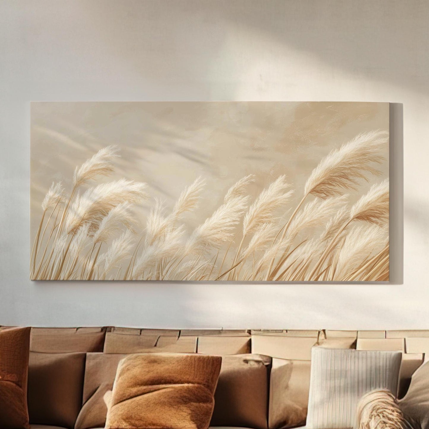 Pampas Grass Botanical Canvas Art | Fine Art Print | Bohemian Wall Art For Living Room | Creamy Beige Art Horizontal Art