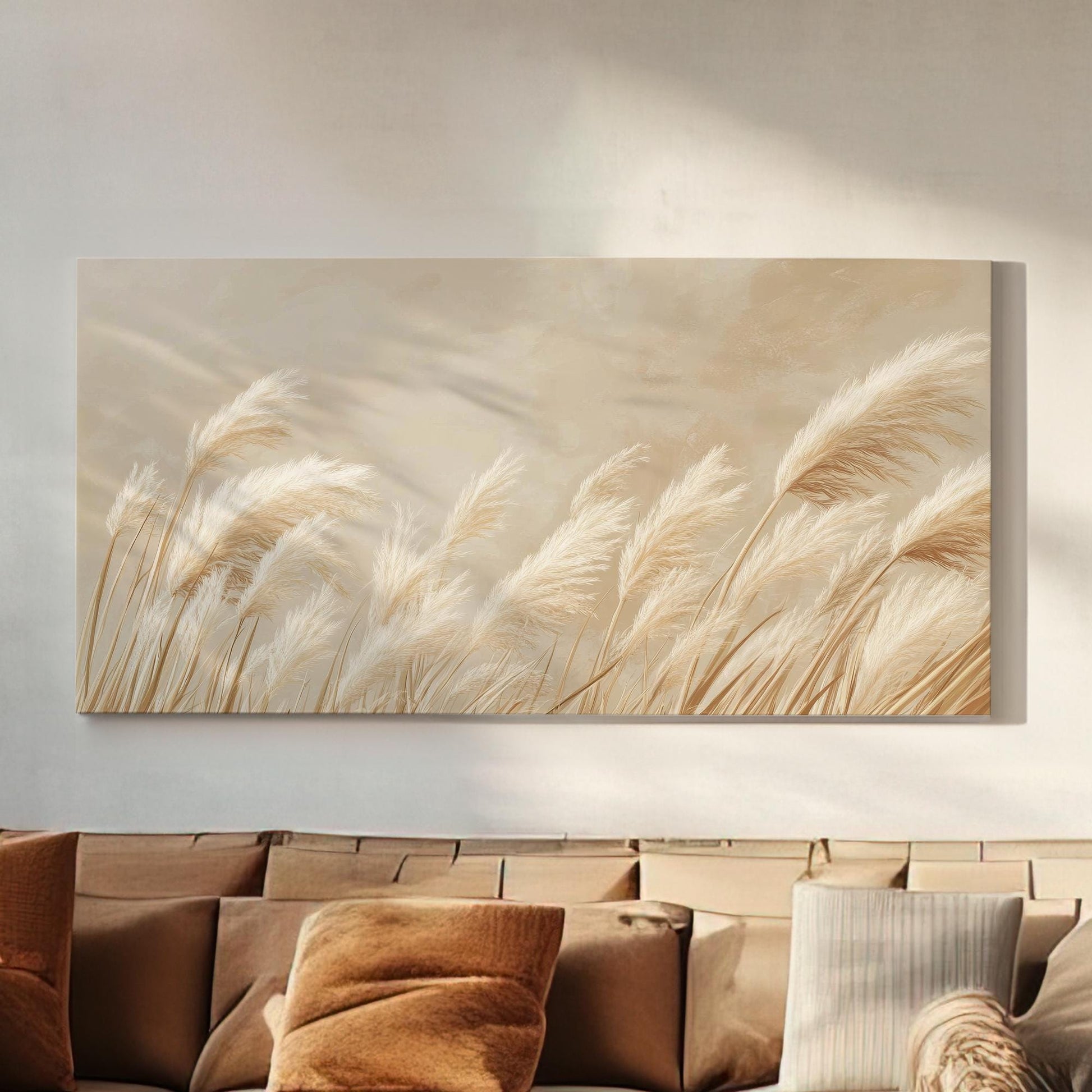 Pampas Grass Botanical Canvas Art | Fine Art Print | Bohemian Wall Art For Living Room | Creamy Beige Art Horizontal Art