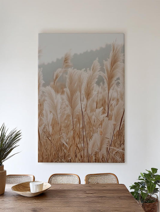 Pampas Grass Botanical Canvas Art | Fine Art Print | Bohemian Wall Art For Living Room | Creamy Beige Art Vertical Canvas