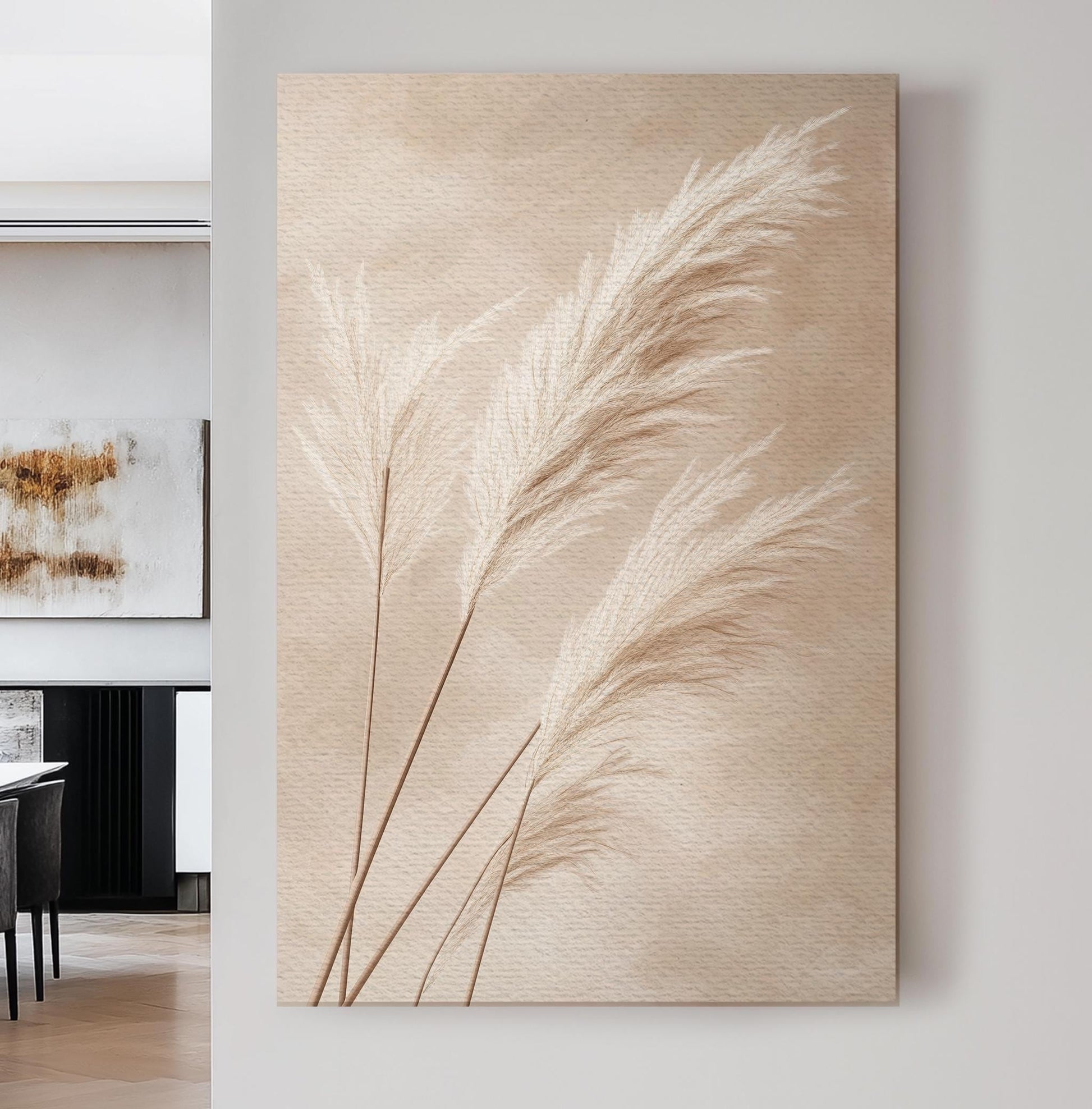 Pampas Grass Botanical Canvas Art | Fine Art Botanical Print | Japandi Wall Art For Living Room | Blush Beige Art Vertical Canvas