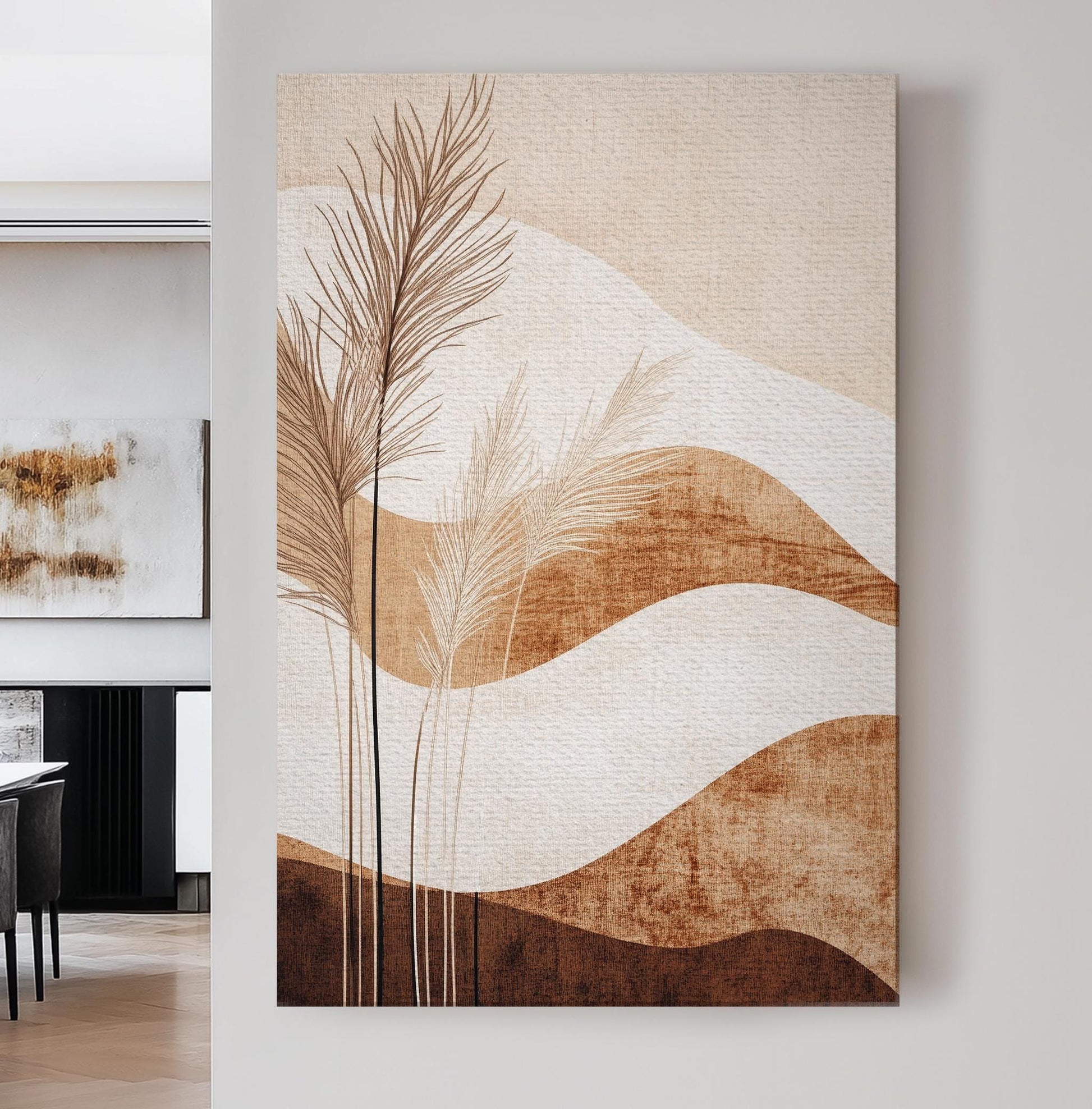 Pampas Grass Botanical Canvas Art | Abstract Line Print | Japandi Wall Art For Living Room | Cream Espresso Art Vertical Canvas