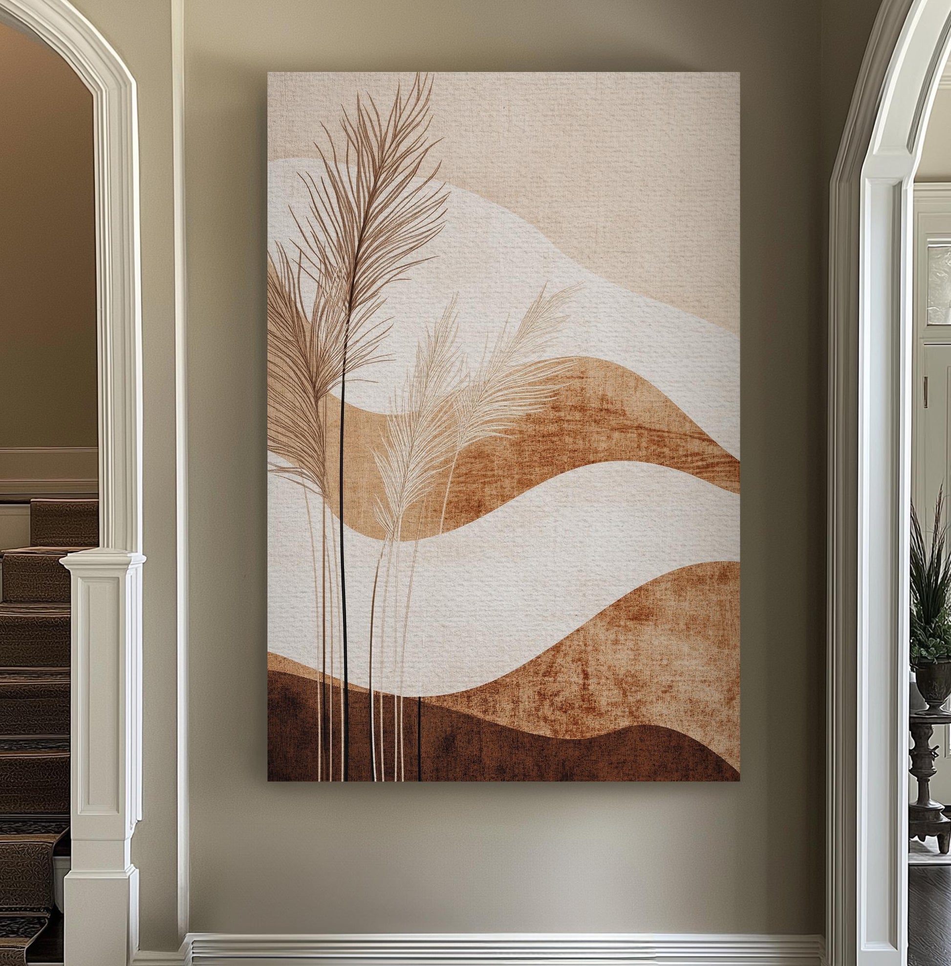 Pampas Grass Botanical Canvas Art | Abstract Line Print | Japandi Wall Art For Living Room | Cream Espresso Art Vertical Canvas