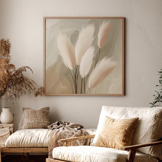 Pampas Grass Botanical Canvas Art | Abstract Impressionist Print | Bohemian Wall Art For Living Room | Creamy Beige Art Square Canvas Art