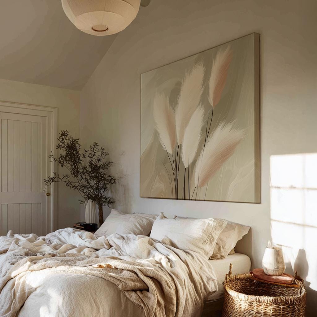 Pampas Grass Botanical Canvas Art | Abstract Impressionist Print | Bohemian Wall Art For Living Room | Creamy Beige Art Square Canvas Art