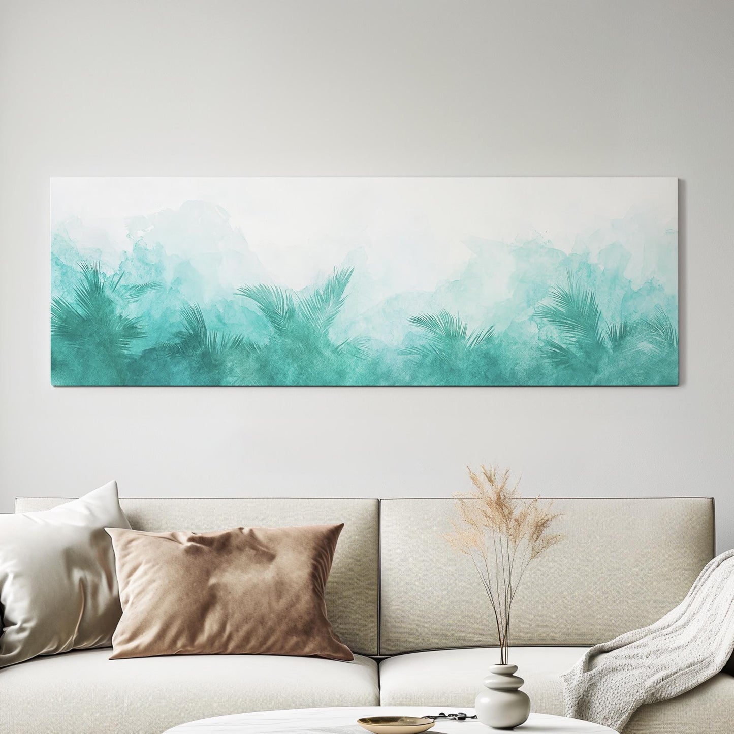 Palm Fronds Watercolor Canvas Art | Abstract Impressionism Print | Biophilic Wall Art For Living Room | Seafoam Green Art Panoramic Wall Art