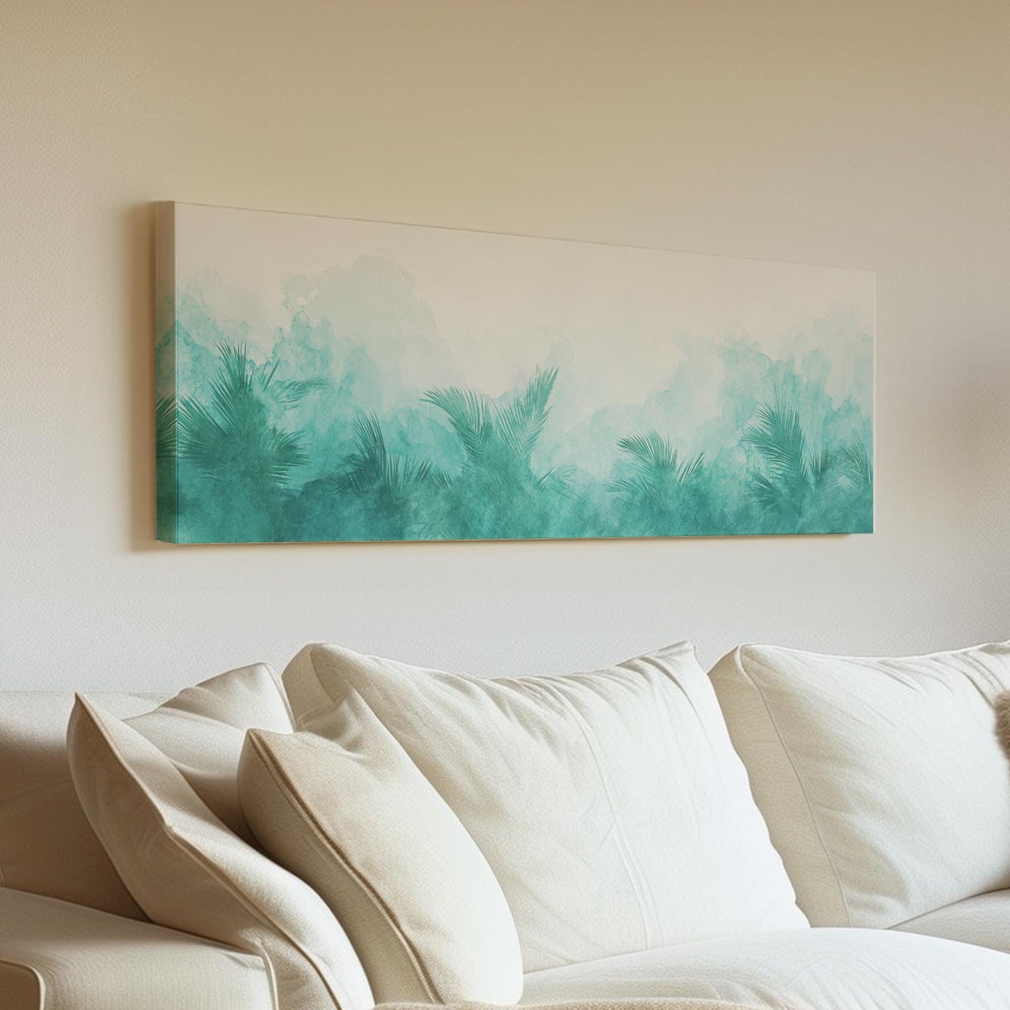 Palm Fronds Watercolor Canvas Art | Abstract Impressionism Print | Biophilic Wall Art For Living Room | Seafoam Green Art Panoramic Wall Art