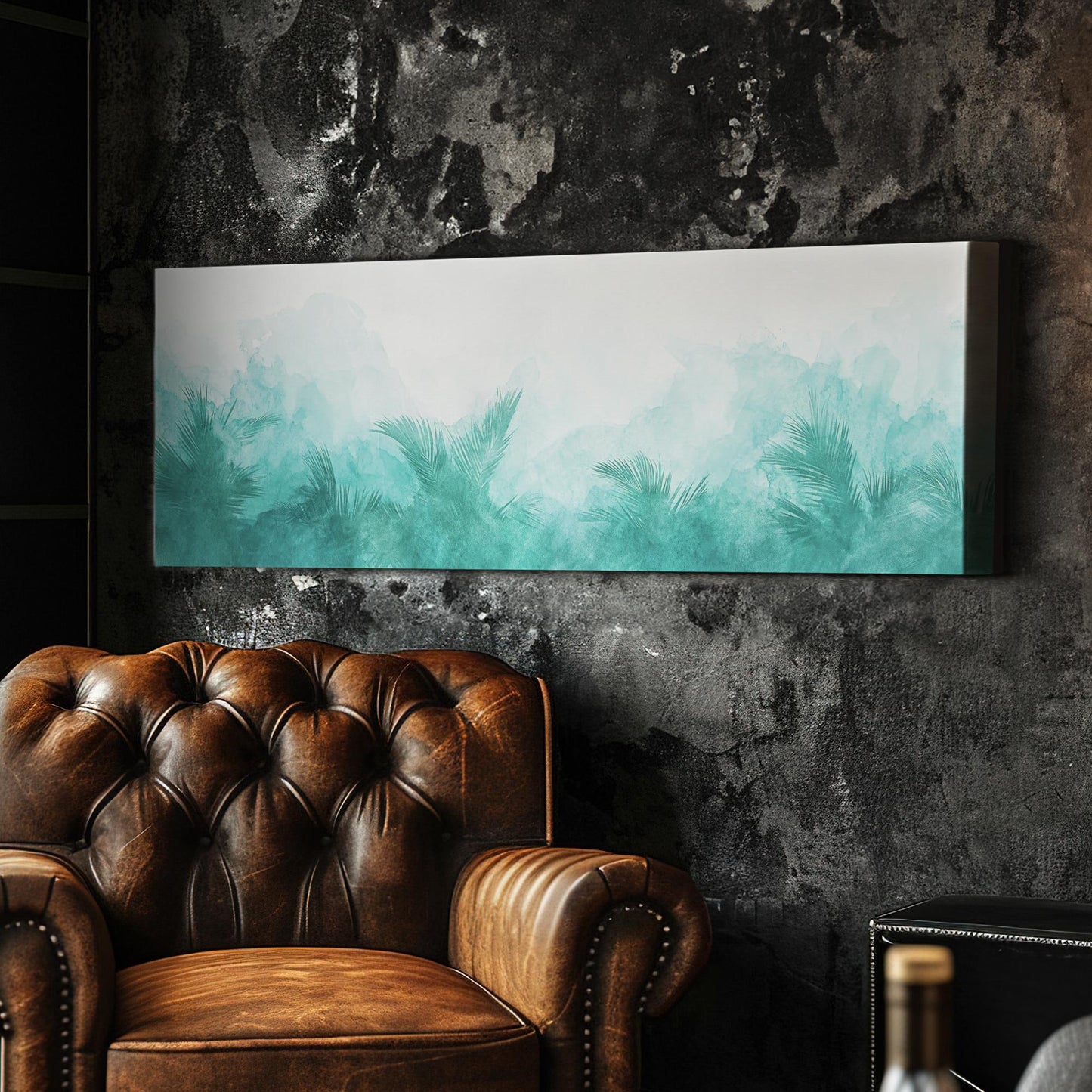 Palm Fronds Watercolor Canvas Art | Abstract Impressionism Print | Biophilic Wall Art For Living Room | Seafoam Green Art Panoramic Wall Art
