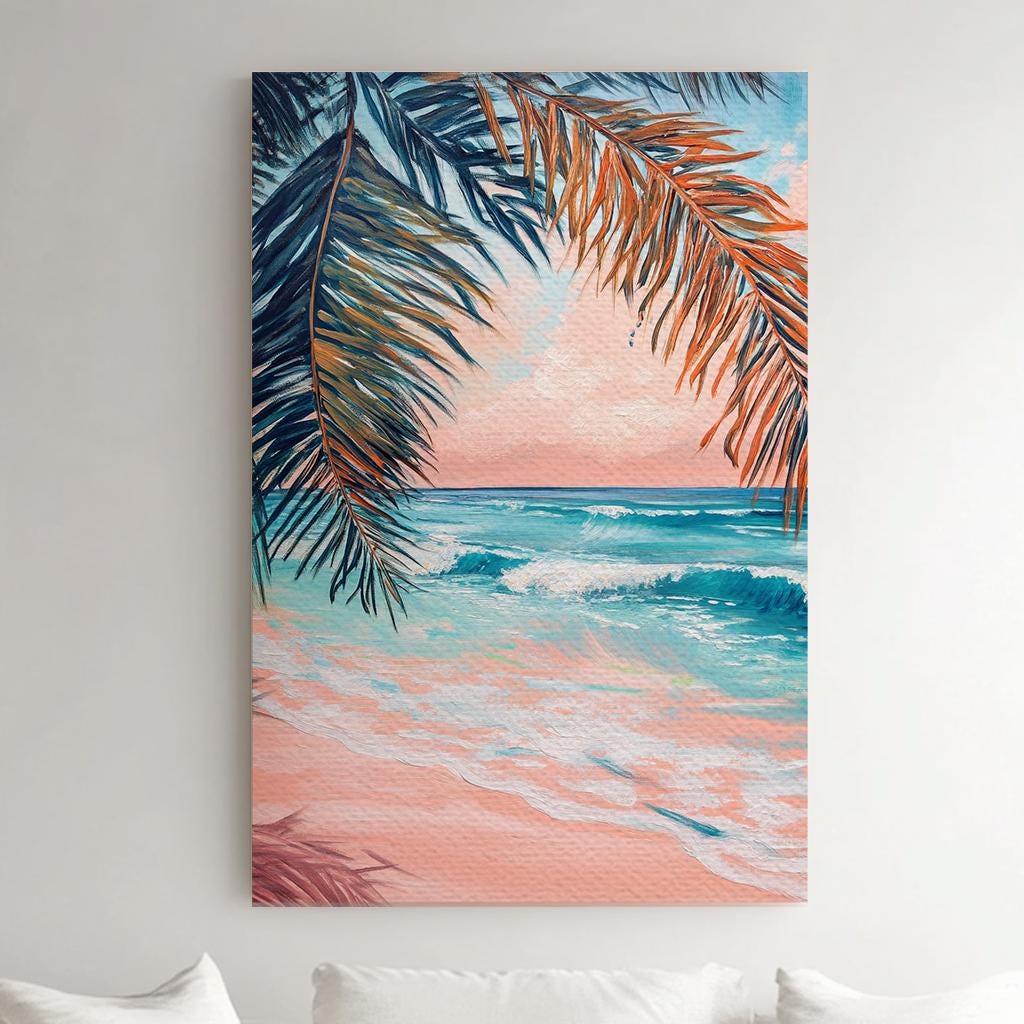Palm Fronds Ocean Canvas Art | Impasto Textural Print | Coastal Bohemian Wall Art For Living Room | Blush Pink Sand Art Vertical Canvas