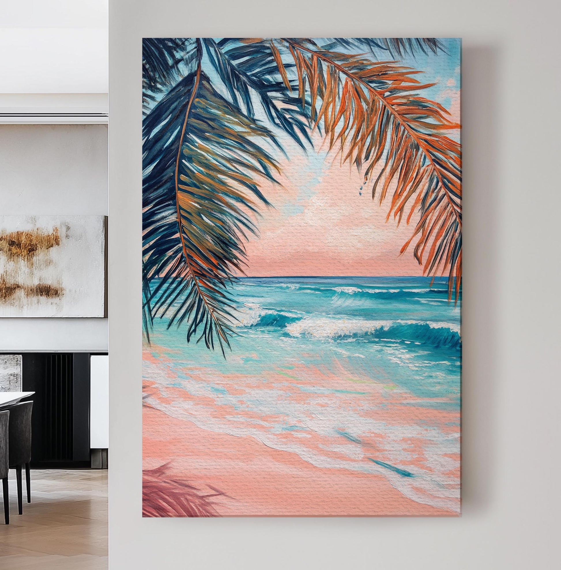 Palm Fronds Ocean Canvas Art | Impasto Textural Print | Coastal Bohemian Wall Art For Living Room | Blush Pink Sand Art Vertical Canvas