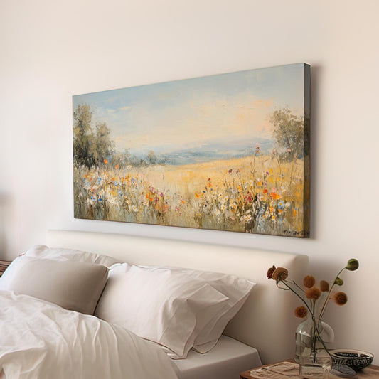 Painterly Wildflower Meadow Canvas Art | Impasto Impressionism Print | Bohemian Wall Art For Living Room Horizontal Art