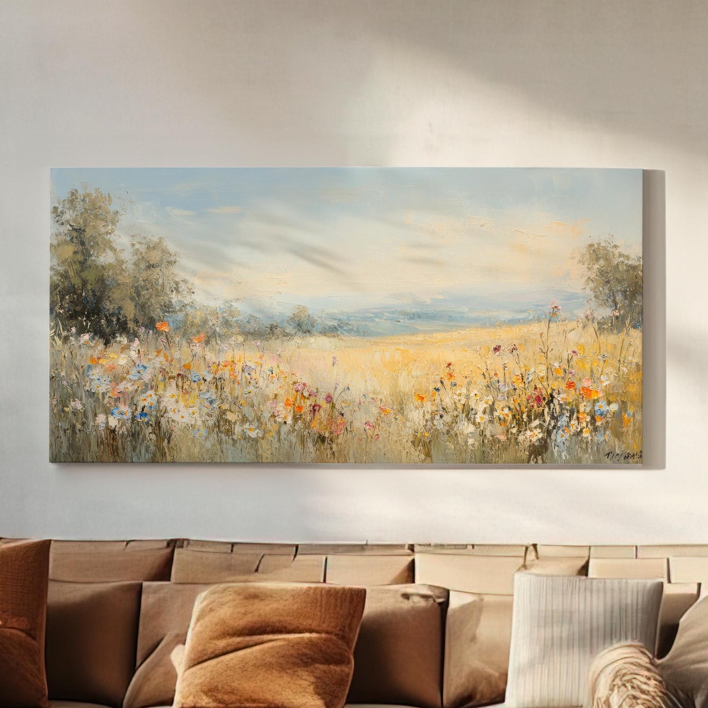Painterly Wildflower Meadow Canvas Art | Impasto Impressionism Print | Bohemian Wall Art For Living Room Horizontal Art