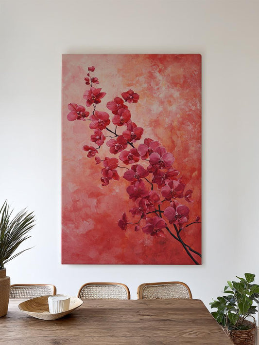 Orchid Blossom Canvas Art | Impasto Print | Bohemian Wall Art For Living Room | Coral Sunset Art | Zen Decor Vertical Canvas