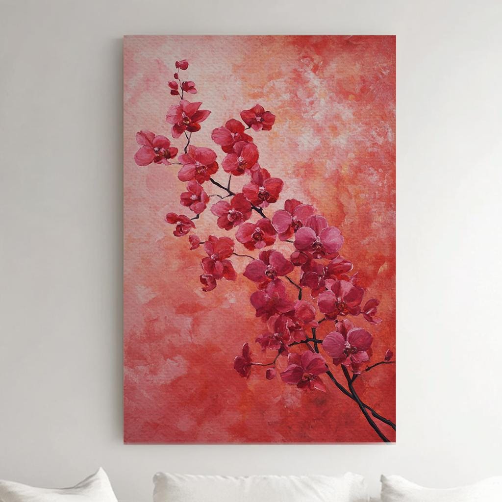 Orchid Blossom Canvas Art | Impasto Print | Bohemian Wall Art For Living Room | Coral Sunset Art | Zen Decor Vertical Canvas