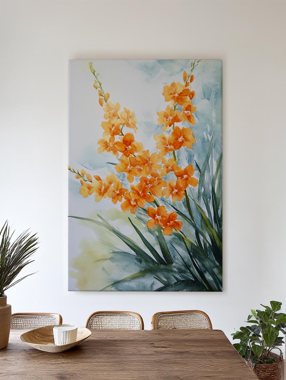 Orange Orchid Watercolor Canvas Art | Loose Botanical Print | Tranquil Zen Wall Art For Living Room | Tangerine Burst Art Vertical Canvas