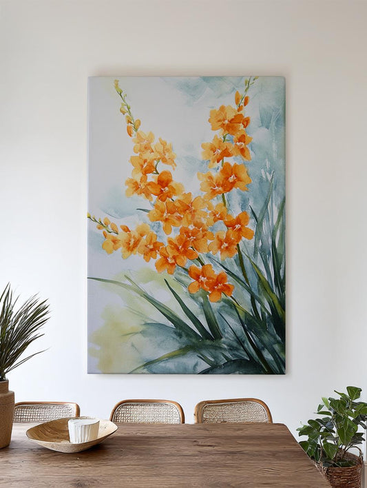 Orange Orchid Watercolor Canvas Art | Loose Botanical Print | Tranquil Zen Wall Art For Living Room | Tangerine Burst Art Vertical Canvas