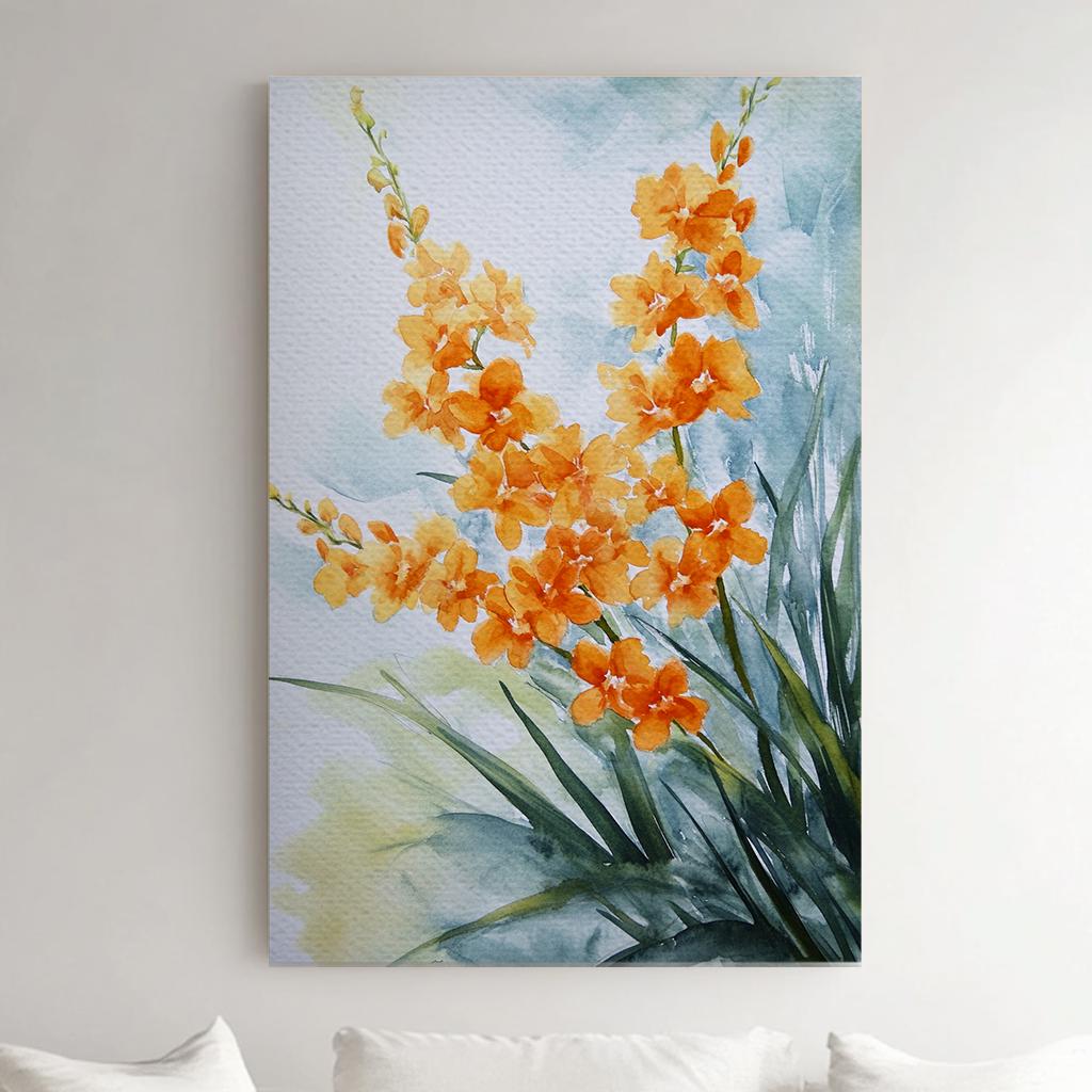 Orange Orchid Watercolor Canvas Art | Loose Botanical Print | Tranquil Zen Wall Art For Living Room | Tangerine Burst Art Vertical Canvas