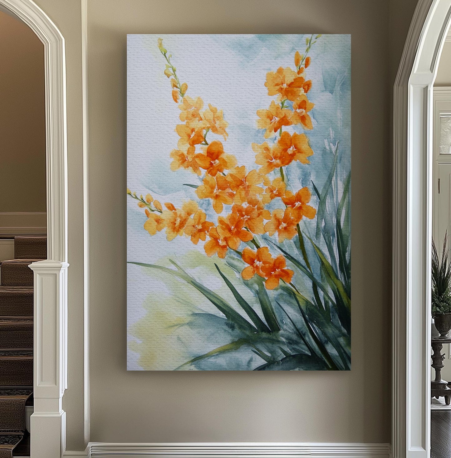 Orange Orchid Watercolor Canvas Art | Loose Botanical Print | Tranquil Zen Wall Art For Living Room | Tangerine Burst Art Vertical Canvas
