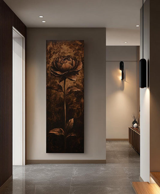 Opulent Peony Canvas Art | Chiaroscuro Print | Bohemian Wall Art For Living Room | Burnt Umber Art | Sophisticated Decor Long Vertical Art