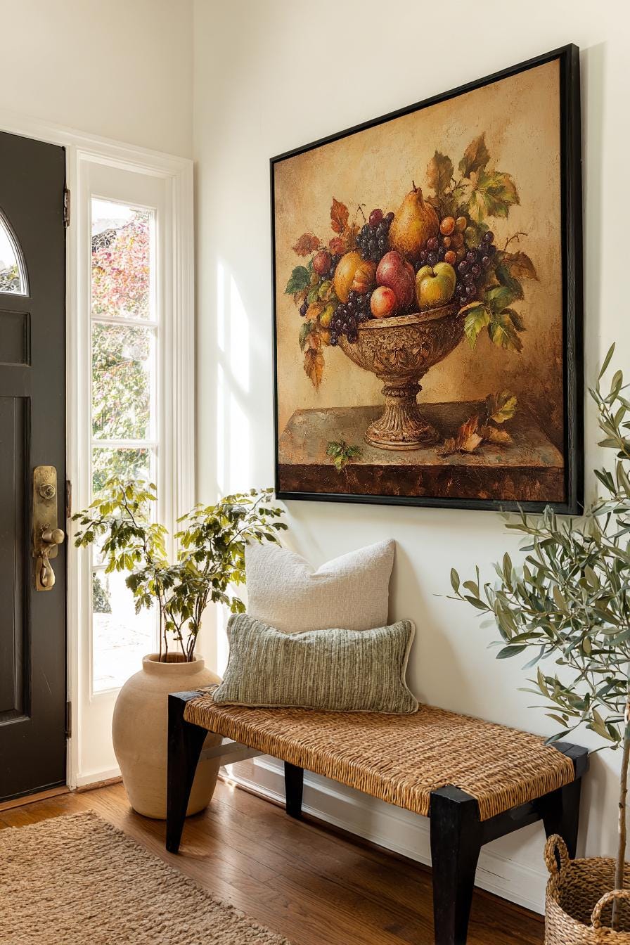 Opulent Fruit Bowl Canvas Art | Impasto Print | Transitional Wall Art For Dining Room | Auburn Gold Art Square Canvas Art