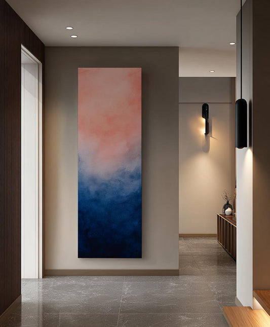 Ombre Sunset Canvas Art | Watercolor Wash Print | Japandi Wall Art For Bedroom | Blush Pink Midnight Blue Art Long Vertical Art
