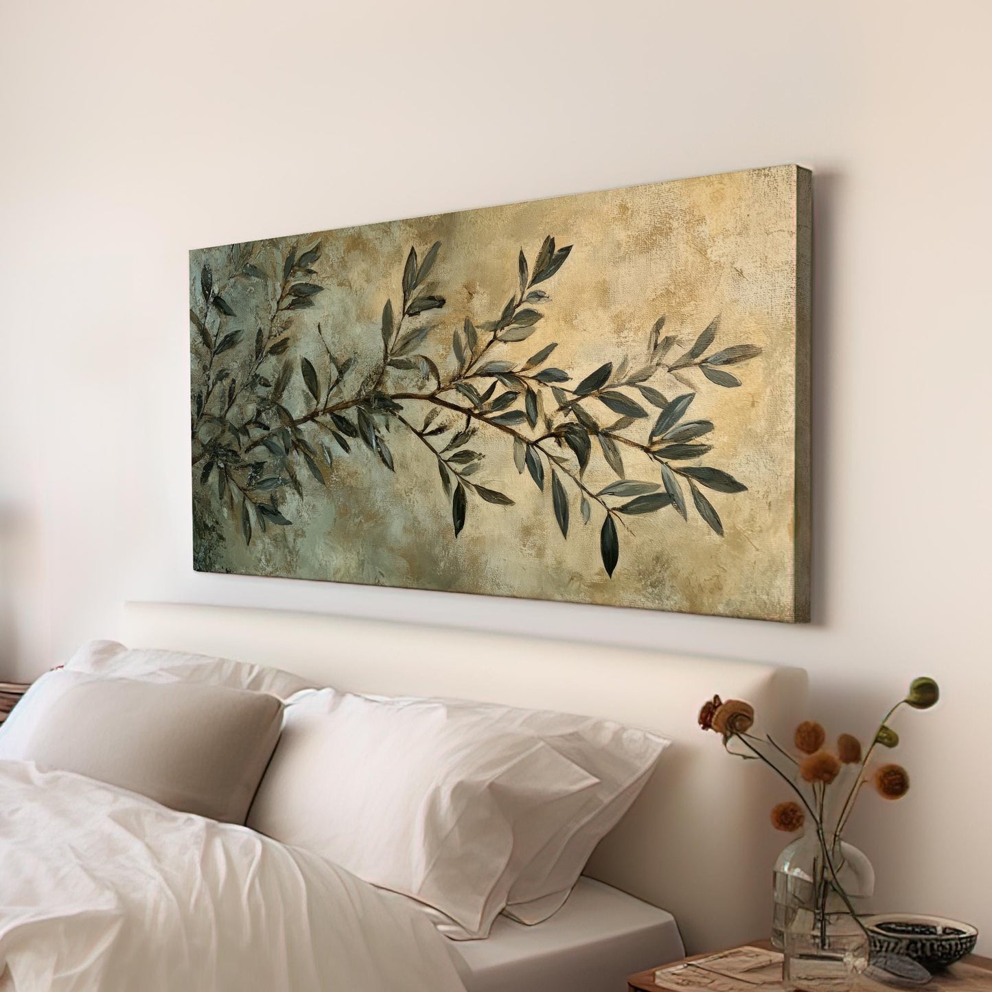 Olive Branch Canvas Art | Impasto Print | Transitional Wall Art For Living Room | Sage Green Art | Modern Farmhouse Decor Horizontal Art