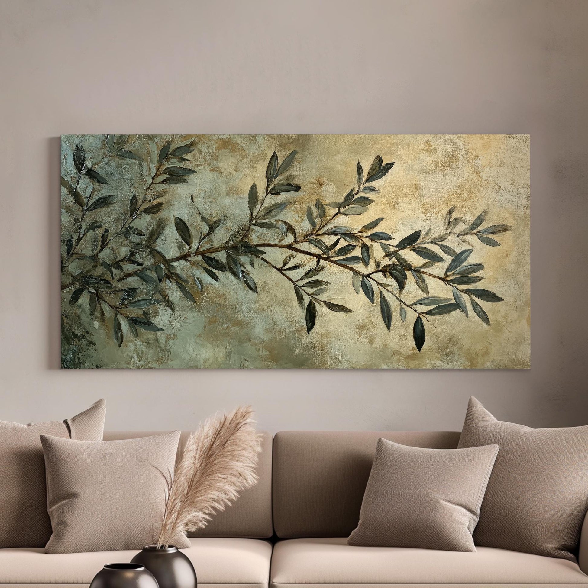 Olive Branch Canvas Art | Impasto Print | Transitional Wall Art For Living Room | Sage Green Art | Modern Farmhouse Decor Horizontal Art