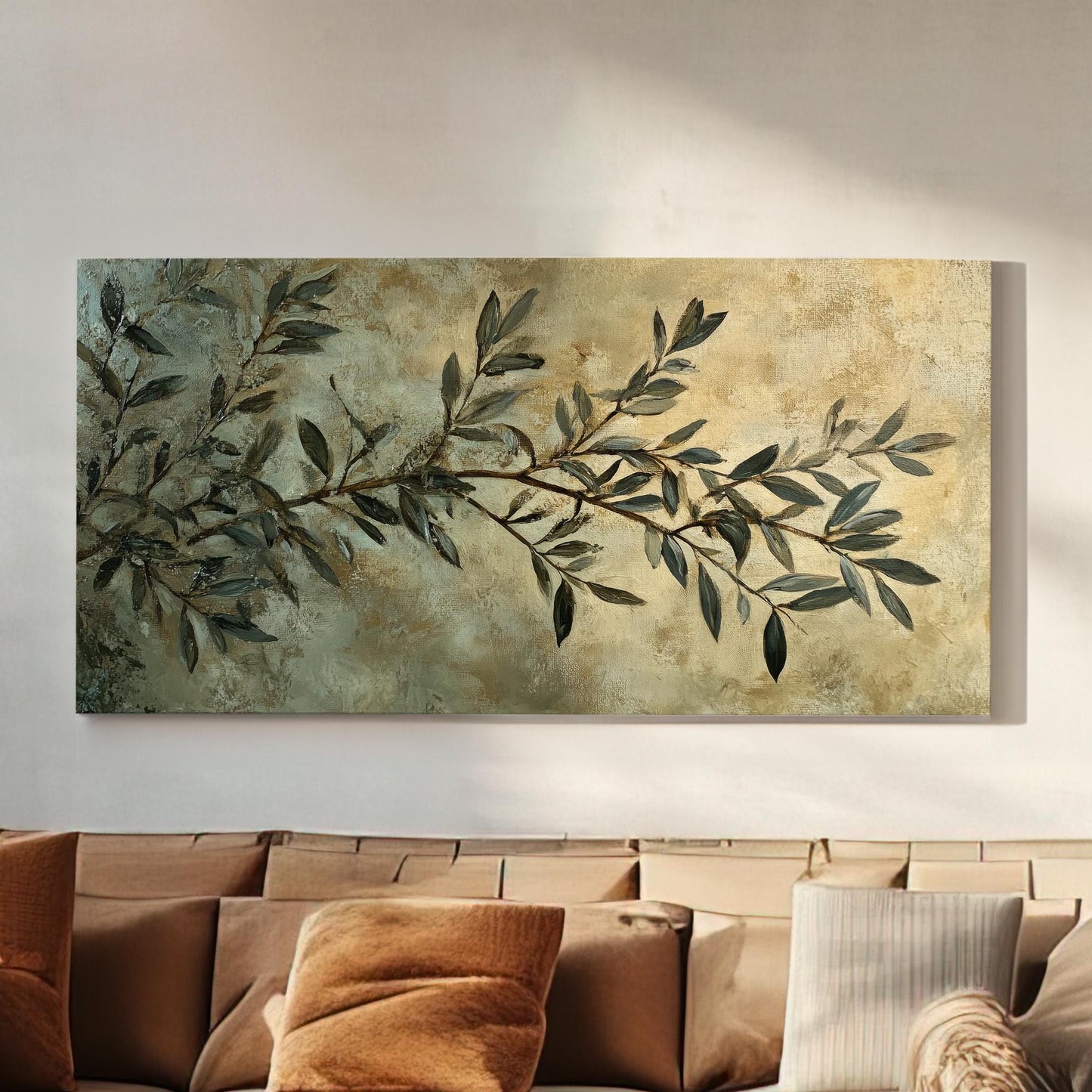 Olive Branch Canvas Art | Impasto Print | Transitional Wall Art For Living Room | Sage Green Art | Modern Farmhouse Decor Horizontal Art