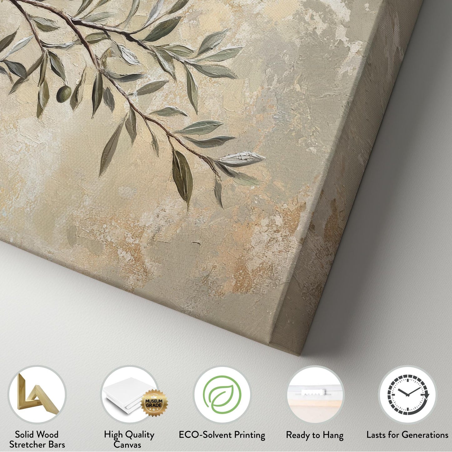 Olive Branch Canvas Art | Impasto Print | Bohemian Wall Art For Living Room | Sage Green Art | Tranquil Decor Horizontal Art