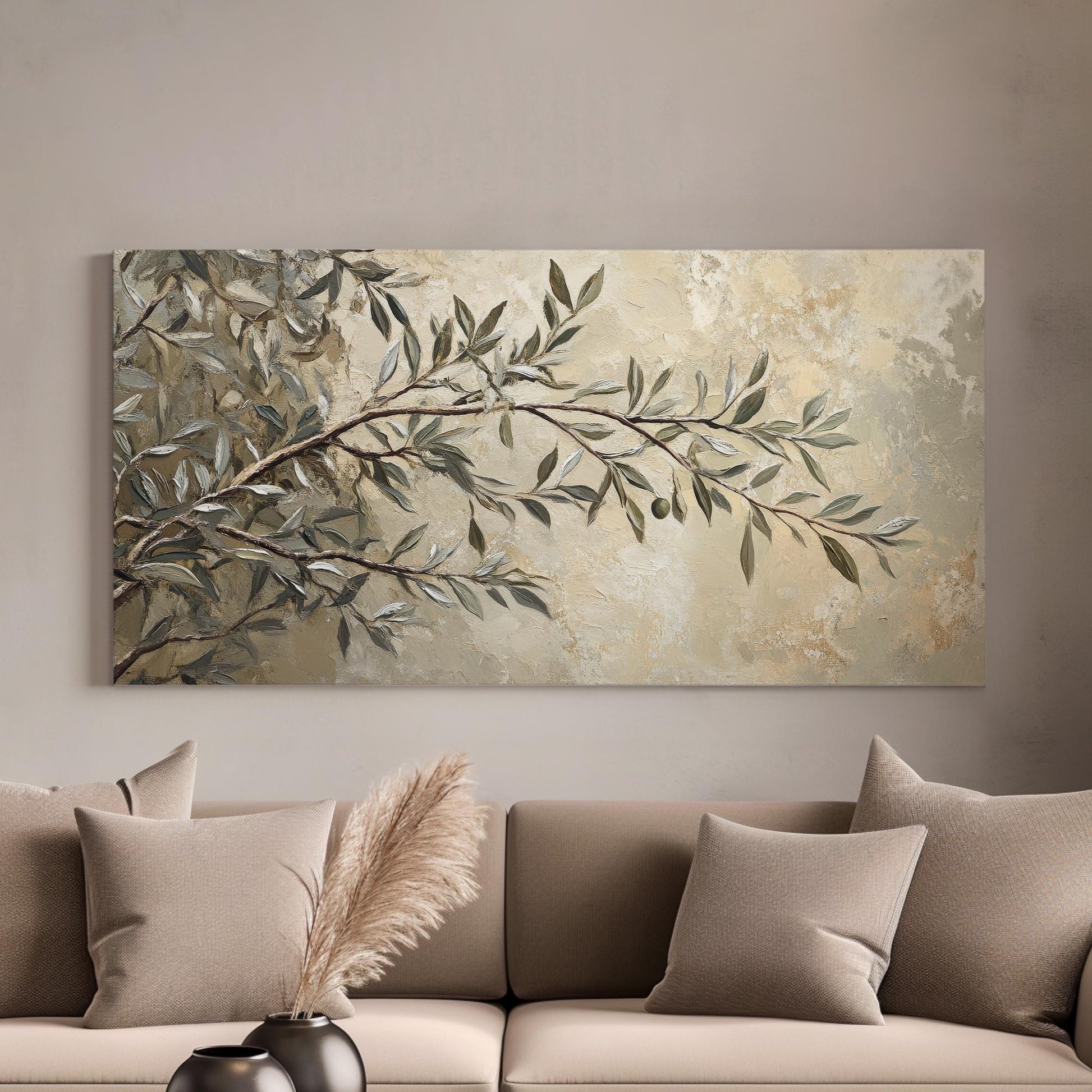Olive Branch Canvas Art | Impasto Print | Bohemian Wall Art For Living Room | Sage Green Art | Tranquil Decor Horizontal Art