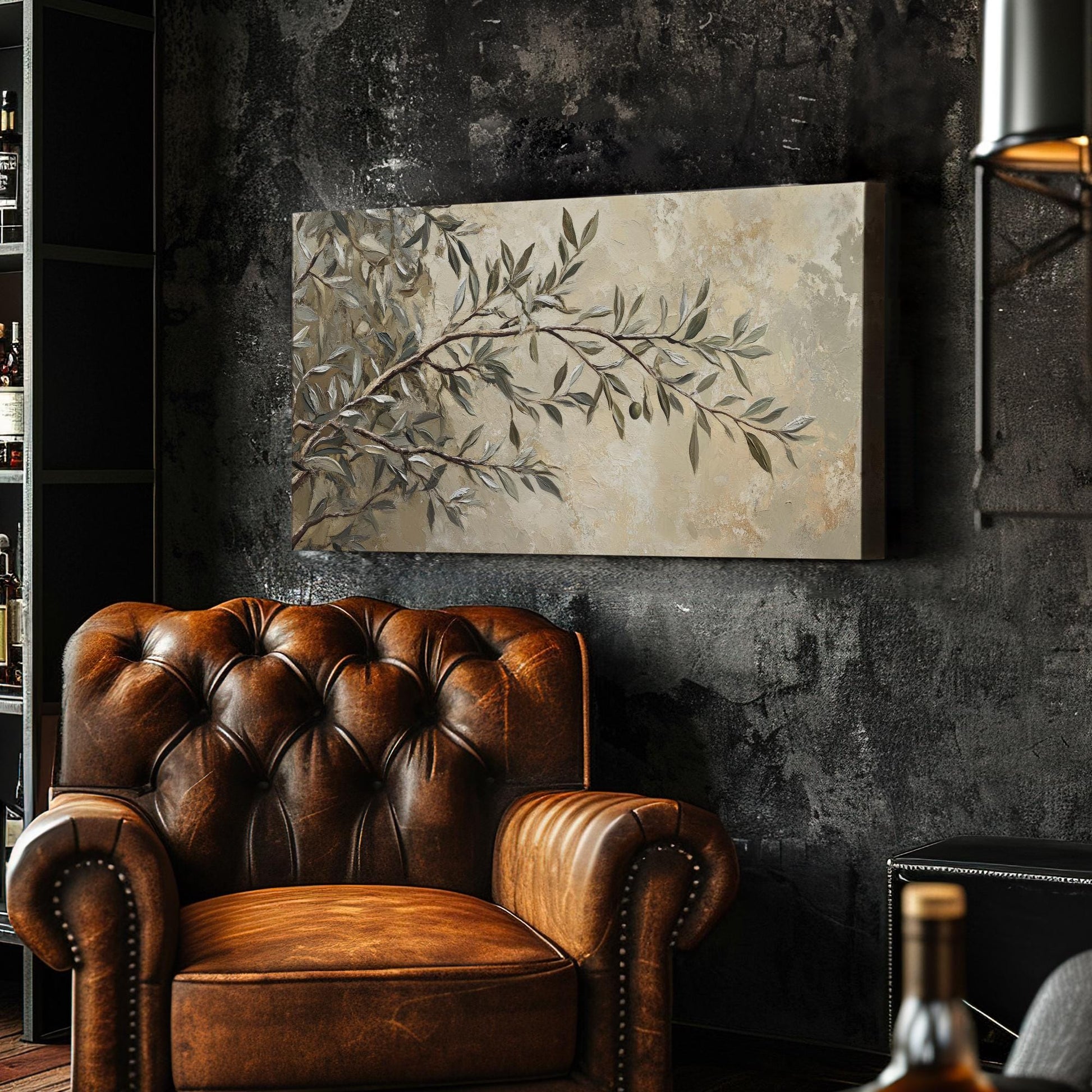 Olive Branch Canvas Art | Impasto Print | Bohemian Wall Art For Living Room | Sage Green Art | Tranquil Decor Horizontal Art