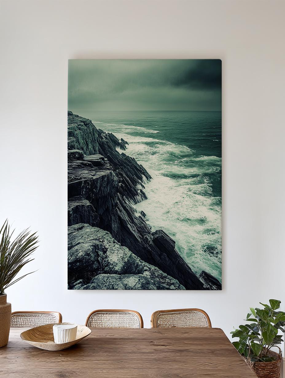 Oceanside Cliffs Canvas Art | Coastal Dramatic Print | Wabi Sabi Wall Art For Living Room | Stormy Seafoam Art Vertical Canvas