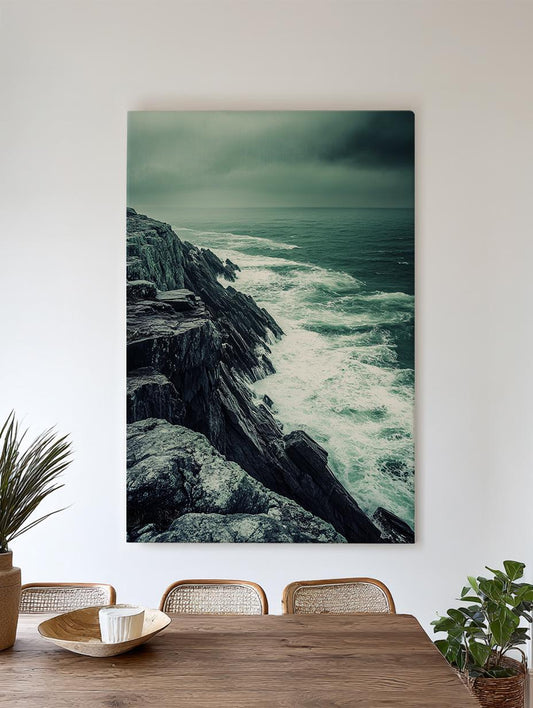 Oceanside Cliffs Canvas Art | Coastal Dramatic Print | Wabi Sabi Wall Art For Living Room | Stormy Seafoam Art Vertical Canvas