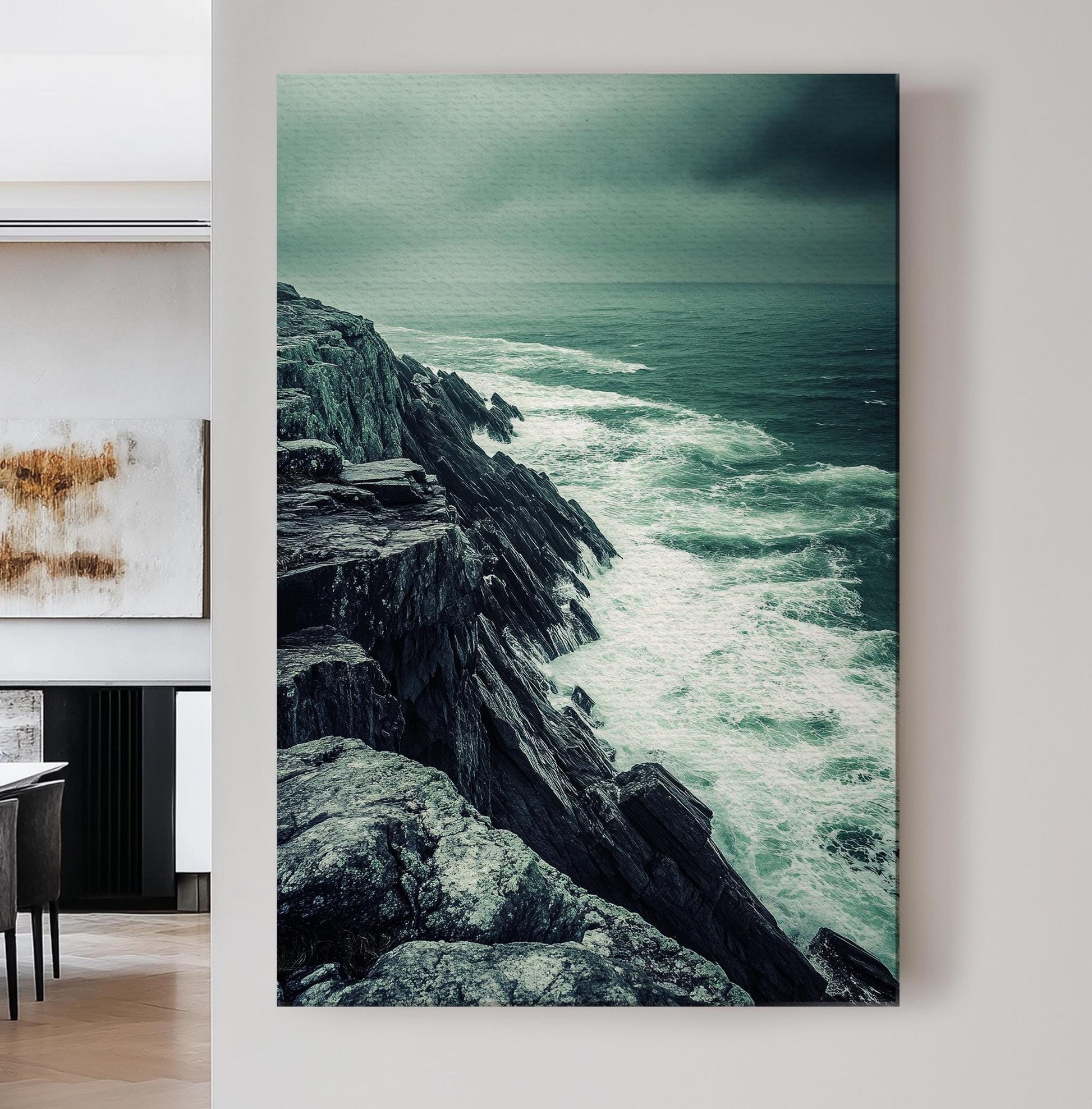 Oceanside Cliffs Canvas Art | Coastal Dramatic Print | Wabi Sabi Wall Art For Living Room | Stormy Seafoam Art Vertical Canvas