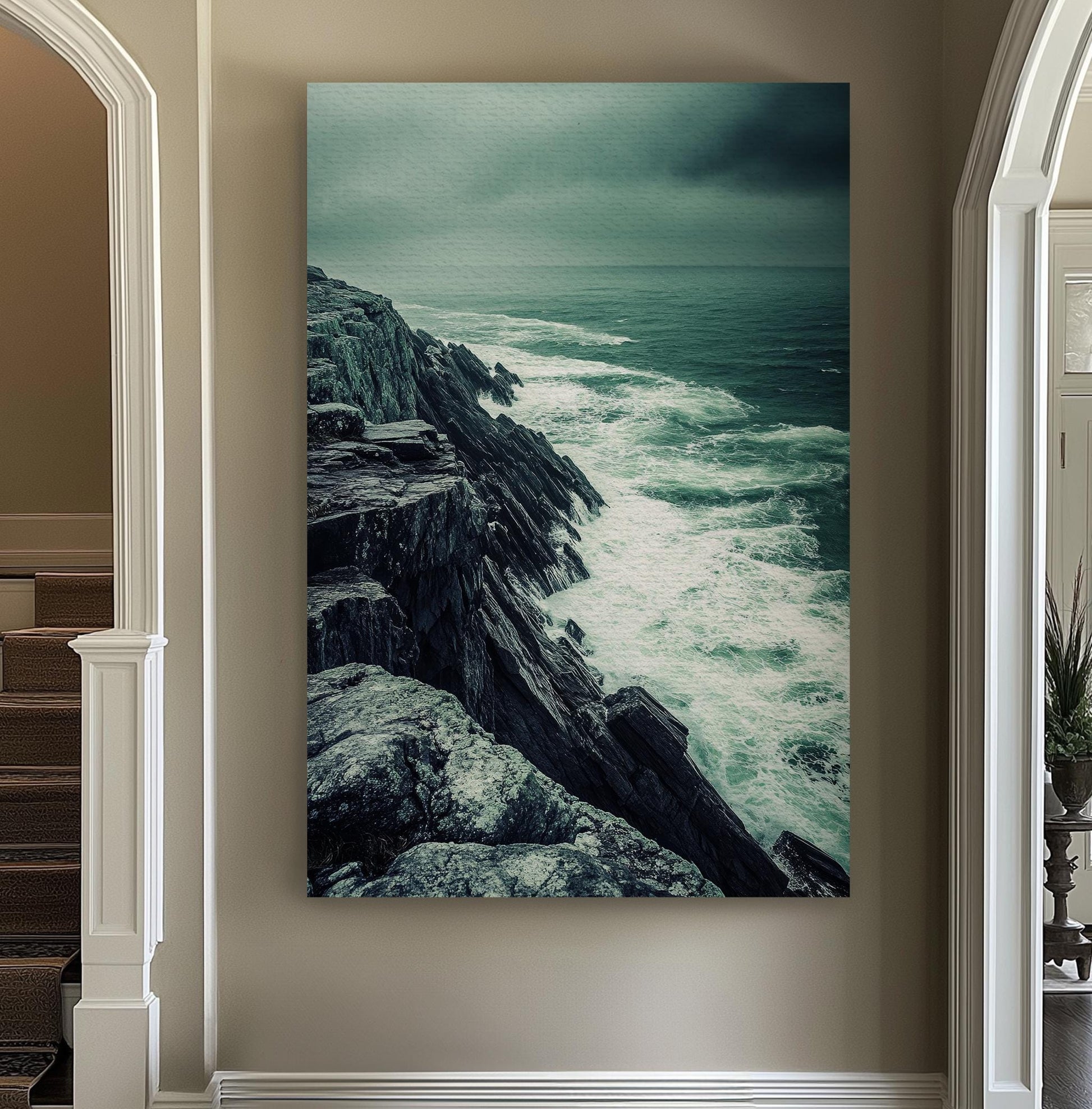 Oceanside Cliffs Canvas Art | Coastal Dramatic Print | Wabi Sabi Wall Art For Living Room | Stormy Seafoam Art Vertical Canvas