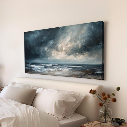 Oceanic Storm Canvas Art | Impasto Seascape Print | Coastal Bohemian Wall Art For Living Room | Stormy Seafoam Art Horizontal Art