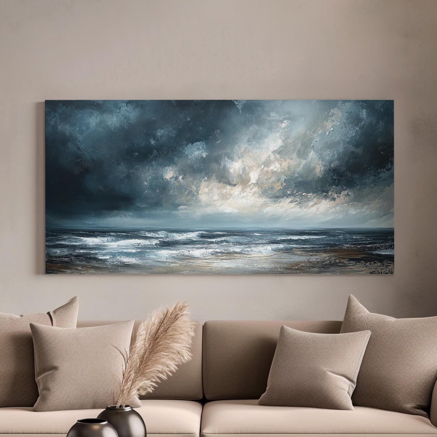 Oceanic Storm Canvas Art | Impasto Seascape Print | Coastal Bohemian Wall Art For Living Room | Stormy Seafoam Art Horizontal Art