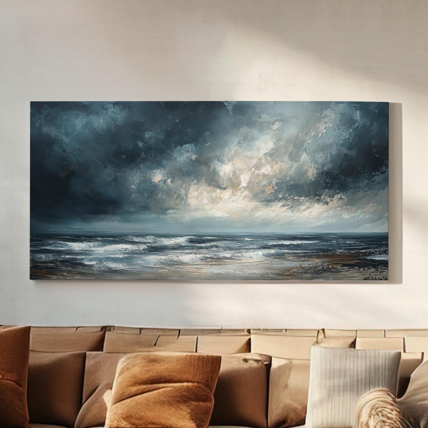 Oceanic Storm Canvas Art | Impasto Seascape Print | Coastal Bohemian Wall Art For Living Room | Stormy Seafoam Art Horizontal Art