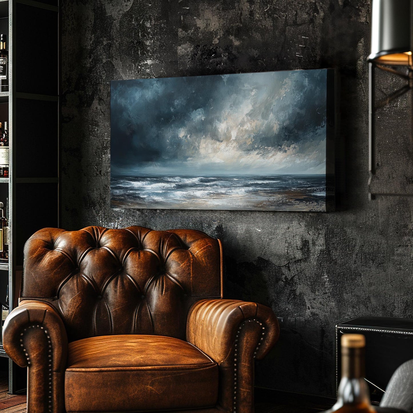 Oceanic Storm Canvas Art | Impasto Seascape Print | Coastal Bohemian Wall Art For Living Room | Stormy Seafoam Art Horizontal Art