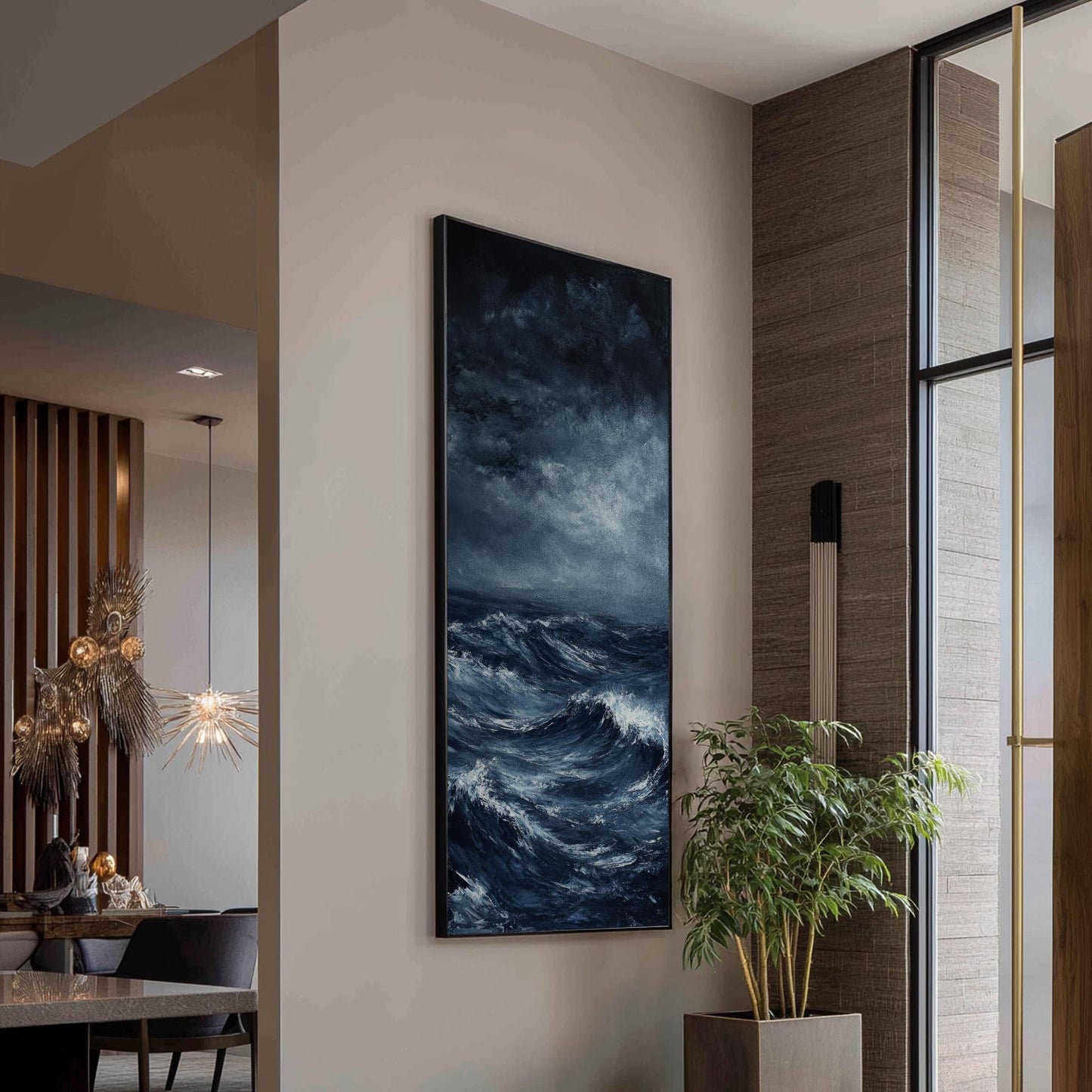 Oceanic Storm Canvas Art | Impasto Impressionism Print | Coastal Modern Wall Art For Living Room | Steel Blue Art Long Vertical Art